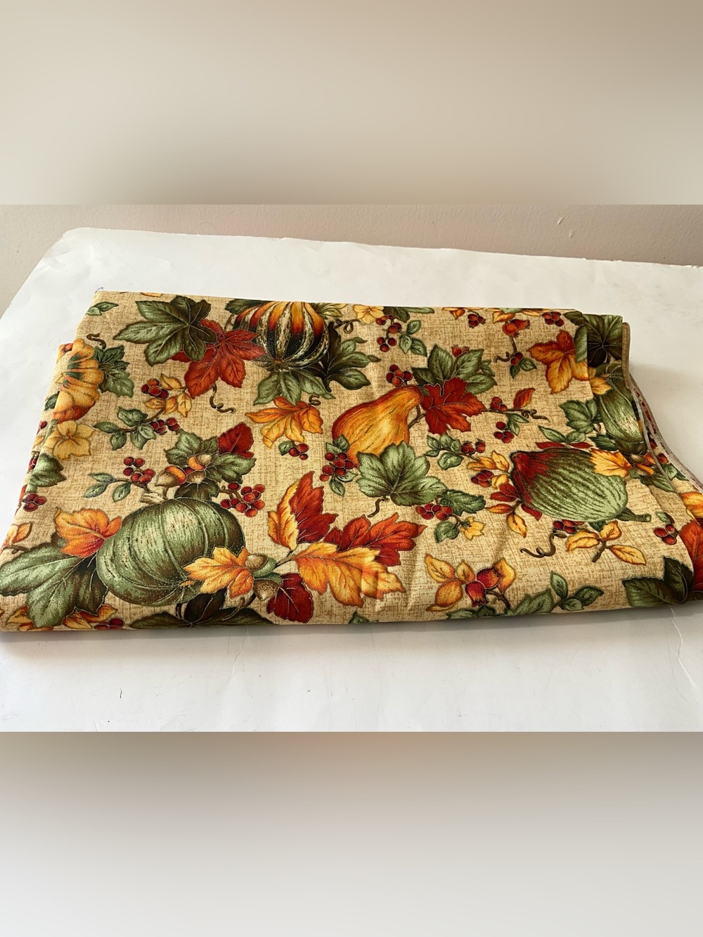 Fall Harvest Pumpkin Leaf Fabric Rectangle Tablecloth 58 x 74 in Green Orange